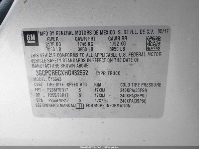 3GCPCRECXHG432552 Chevrolet Silverado 1500 1lt