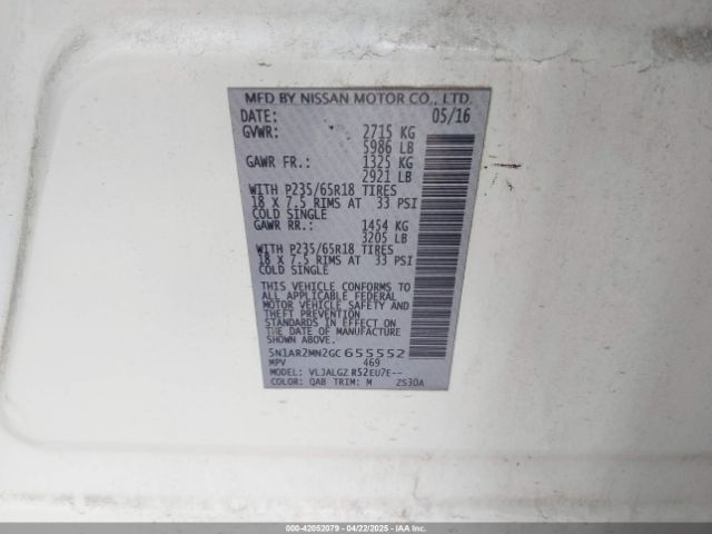 5N1AR2MN2GC655552 Nissan Pathfinder Sl