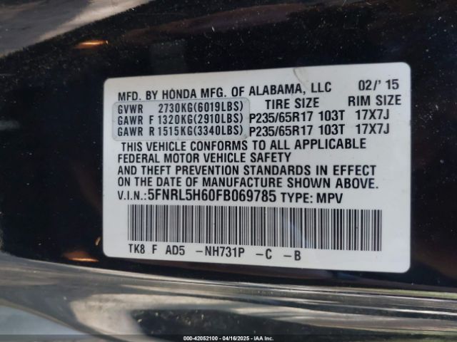 5FNRL5H60FB069785 Honda Odyssey Ex-l