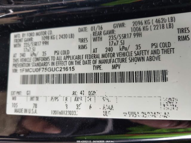 1FMCU0F75GUC21615 Ford ESCAPE S