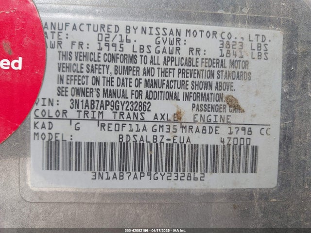 3N1AB7AP9GY232862 Nissan 2016