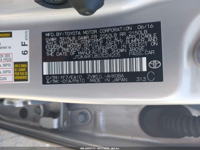 JTDKARFU8G3024205 Toyota Prius Four