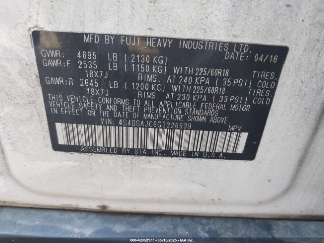 4S4BSAJC6G3326939 Subaru Outback 2.5i Limited