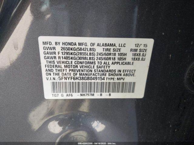 5FNYF6H38GB049154 Honda Pilot Ex