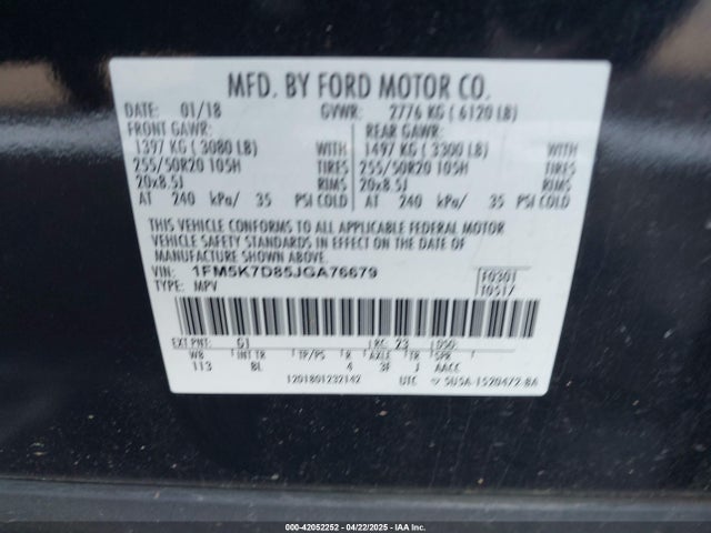 1FM5K7D85JGA76679 Ford EXPLORER XLT