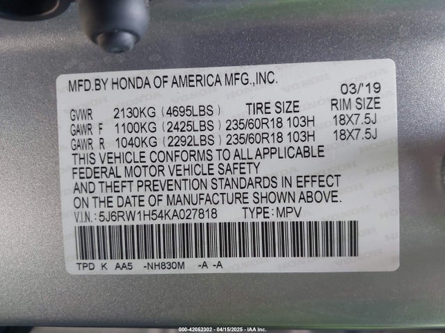 5J6RW1H54KA027818 Honda CR-V EX