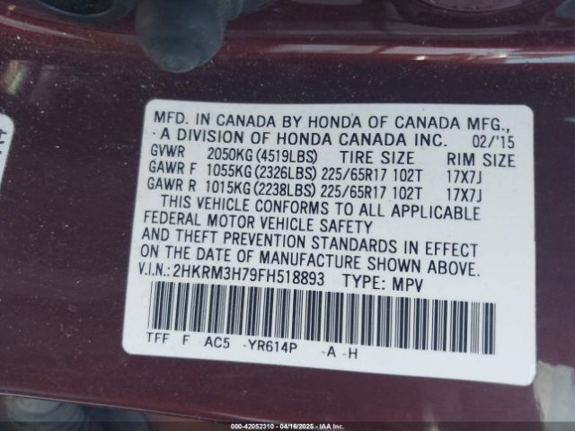 2HKRM3H79FH518893 Honda Cr-v Ex-l