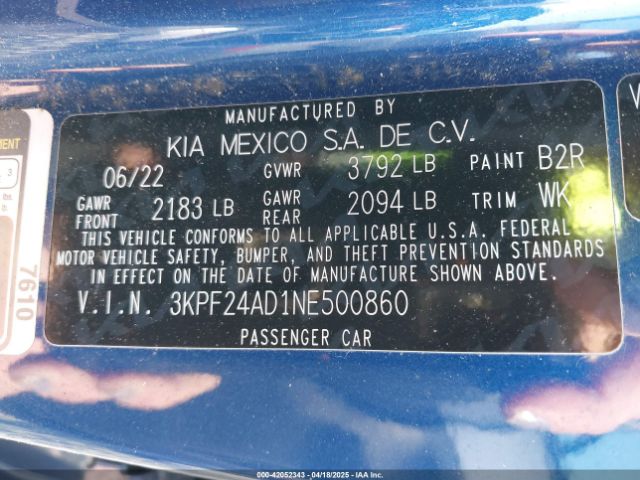 3KPF24AD1NE500860 KIA Forte Lxs