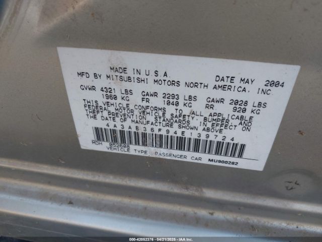 2004 MITSUBISHI GALANT 4A3AB36F94E139724 Photo 8