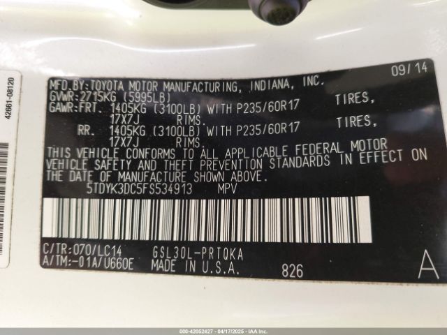 5TDYK3DC5FS534913 Toyota Sienna Xle Premium 8 Passenger