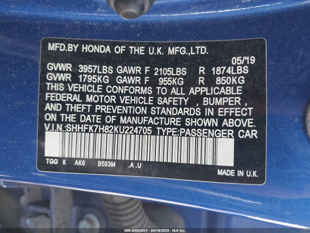 SHHFK7H82KU224705 Honda Civic Ex-l