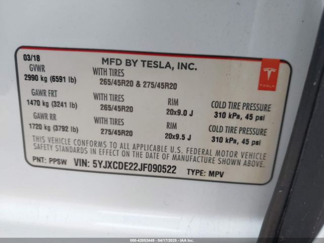 5YJXCDE22JF090522 Tesla Model X 100d/75d/p100d