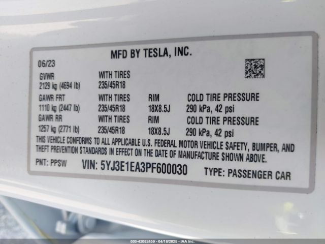 5YJ3E1EA3PF600030 Tesla Model 3 Rear-wheel Drive