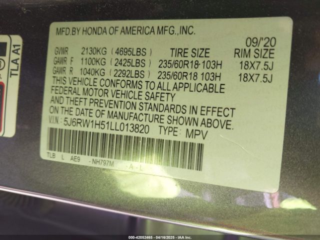 5J6RW1H51LL013820 Honda Cr-v 2wd Ex