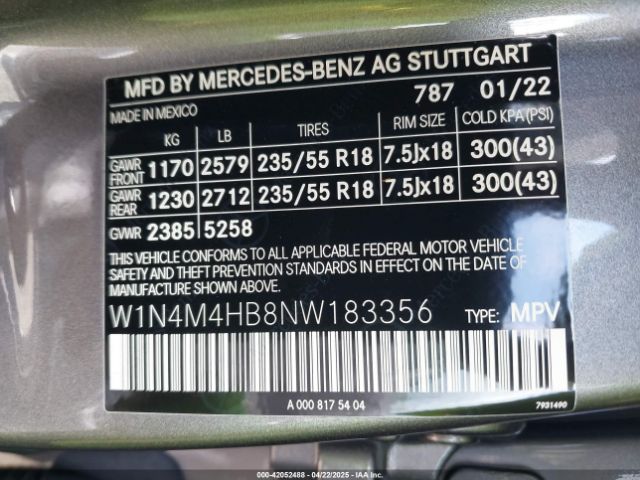 W1N4M4HB8NW183356 Mercedes-Benz Glb 250 4matic