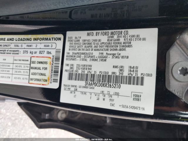 3FA6P0CD0KR265210 Ford FUSION SEL
