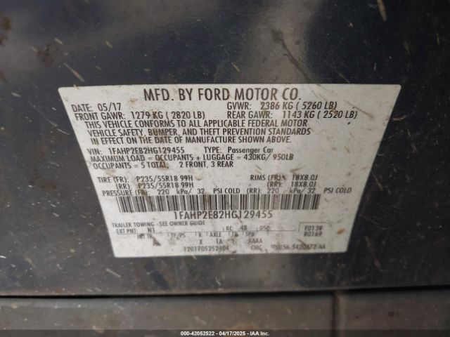 1FAHP2E82HG129455 Ford TAURUS SEL