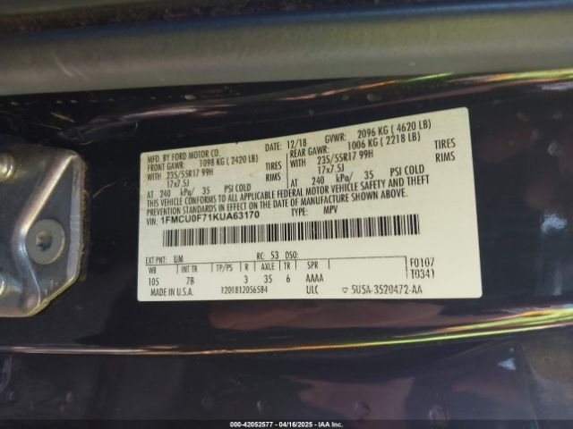 1FMCU0F71KUA63170 Ford ESCAPE S