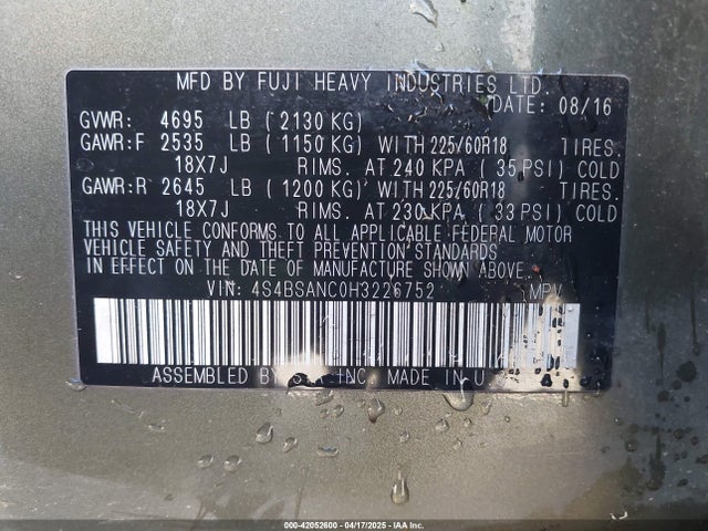4S4BSANC0H3226752 Subaru Outback 2.5i Limited