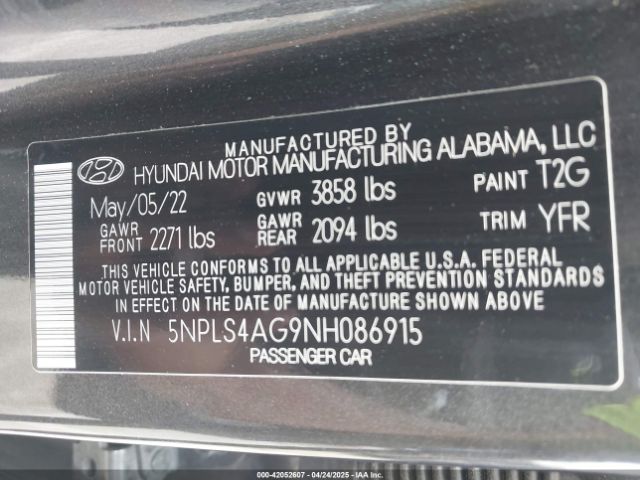 5NPLS4AG9NH086915 Hyundai ELANTRA SEL