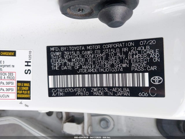 JTDEAMDE1MJ010374 Toyota Corolla Hybrid Le