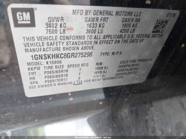 1GNSKHKC8GR275296 Chevrolet Suburban Lt