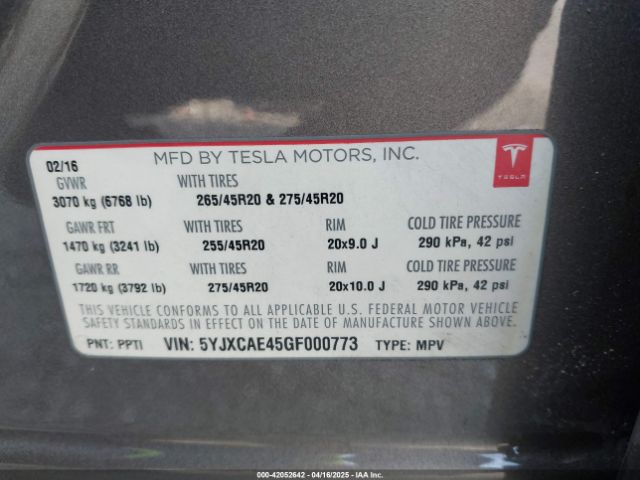 5YJXCAE45GF000773 Tesla Model X 60d/p100d/p90d