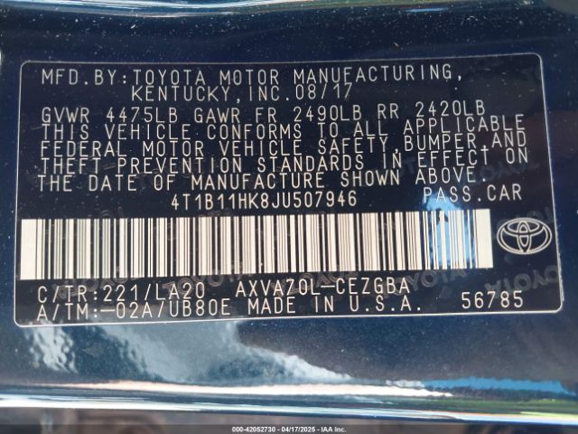 4T1B11HK8JU507946 Toyota CAMRY XLE