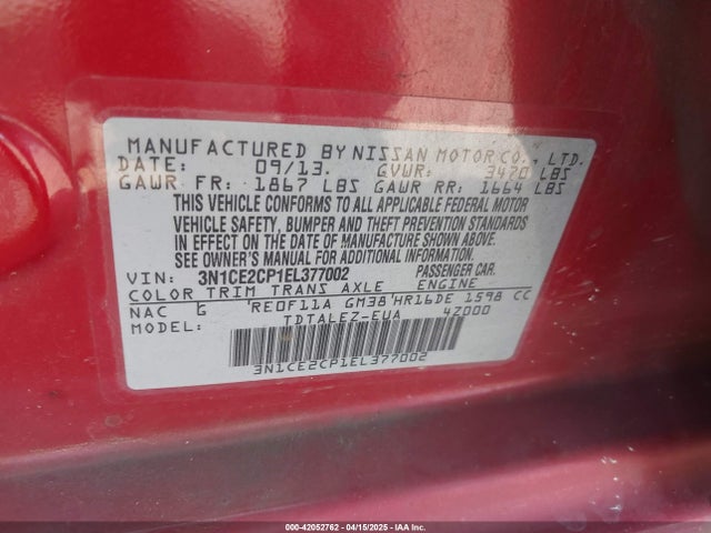 3N1CE2CP1EL377002 Nissan Versa Note Sv