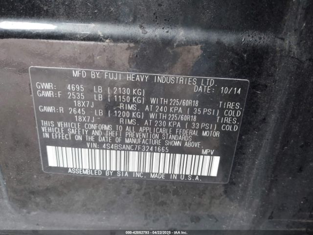 4S4BSANC7F3241665 Subaru Outback 2.5i Limited