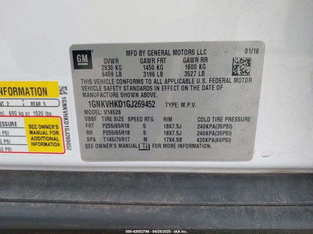 1GNKVHKD1GJ269452 Chevrolet Traverse 2lt