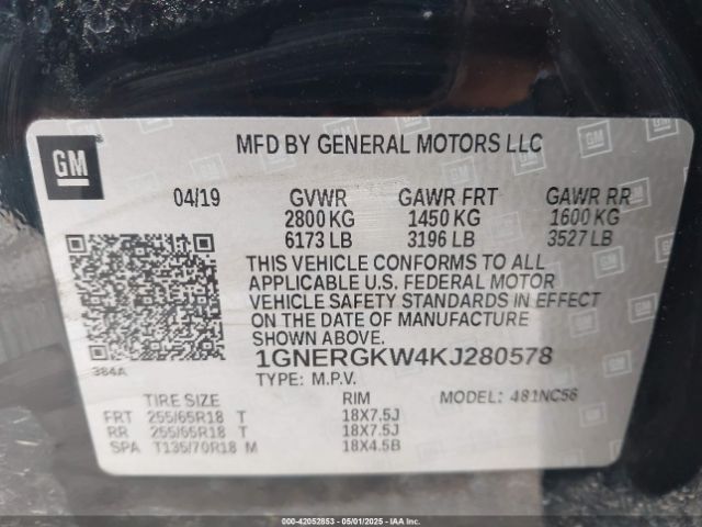 1GNERGKW4KJ280578 Chevrolet Traverse 1lt