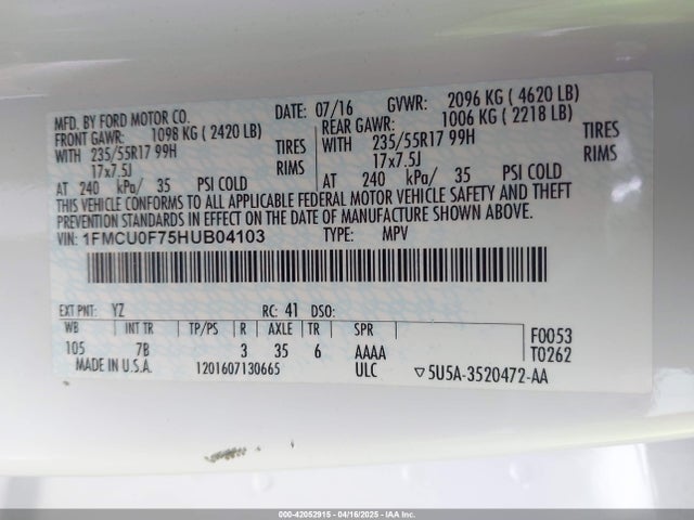 1FMCU0F75HUB04103 Ford ESCAPE S