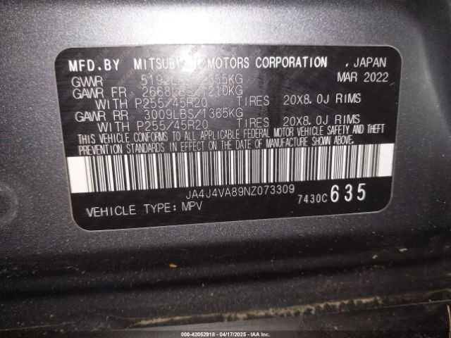 2022 MITSUBISHI OUTLANDER JA4J4VA89NZ073309 Photo 8