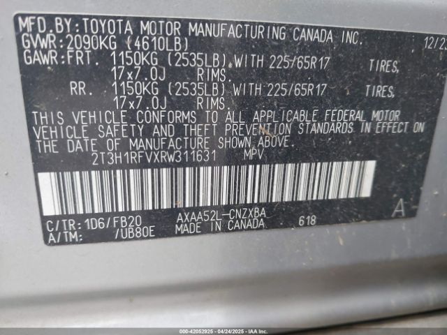 2T3H1RFVXRW311631 Toyota RAV4 LE