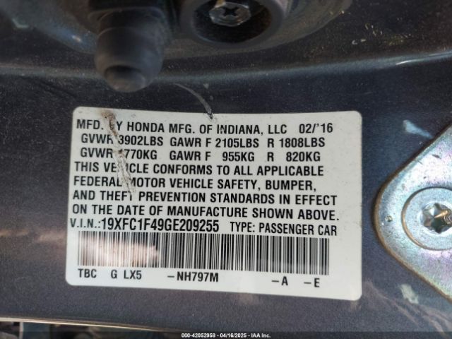 19XFC1F49GE209255 Honda Civic Ex-t