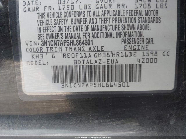 3N1CN7AP5HL864501 Nissan Versa 1.6 S+