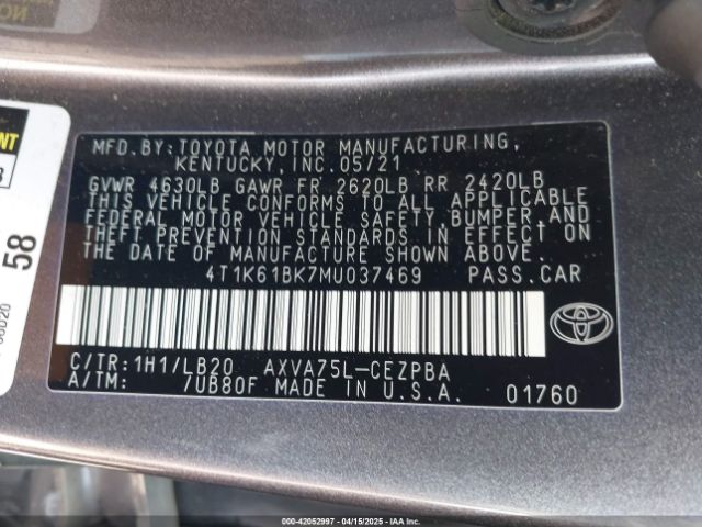 2021 TOYOTA CAMRY 4T1K61BK7MU037469 Photo 8
