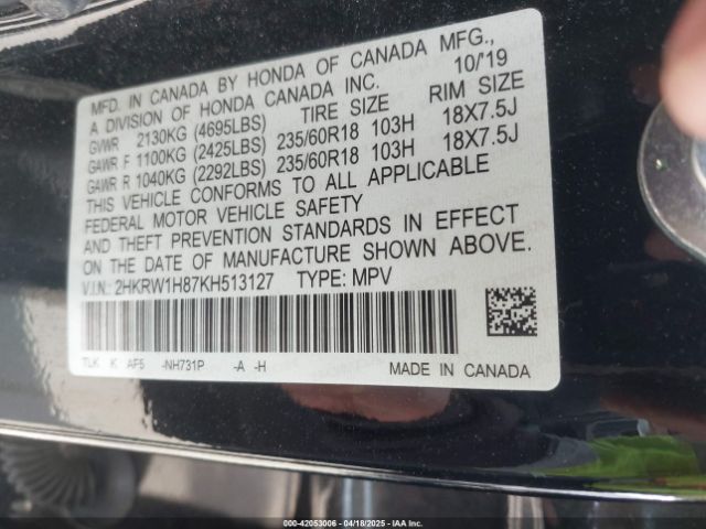 2HKRW1H87KH513127 Honda Cr-v Ex-l