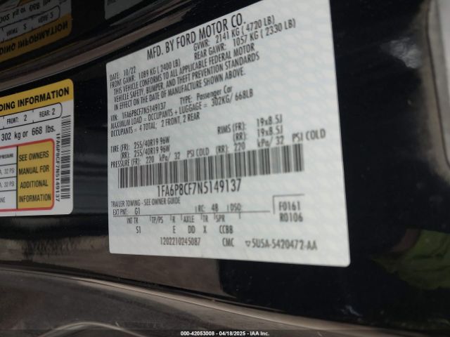 1FA6P8CF7N5149137 Ford Mustang Gt Premium Fastback