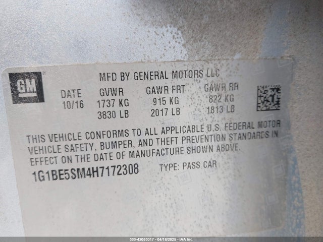 1G1BE5SM4H7172308 Chevrolet le2 -di: direct injection, vvt: variable valve timing, gen, alum