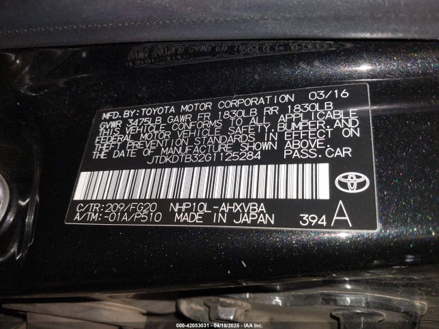 JTDKDTB32G1125284 Toyota Prius C Two