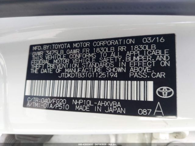 JTDKDTB31G1125194 Toyota Prius C Two