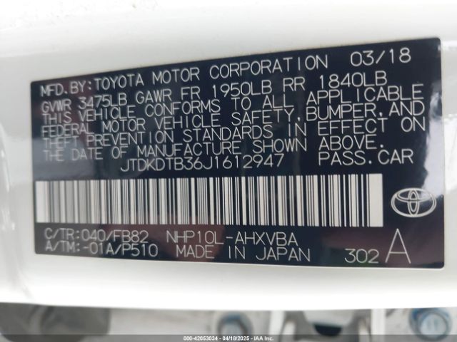 JTDKDTB36J1612947 Toyota Prius C Two