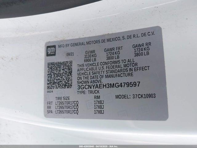 3GCNYAEH3MG479597 Chevrolet Silverado 1500 4wd  Long Bed Wt