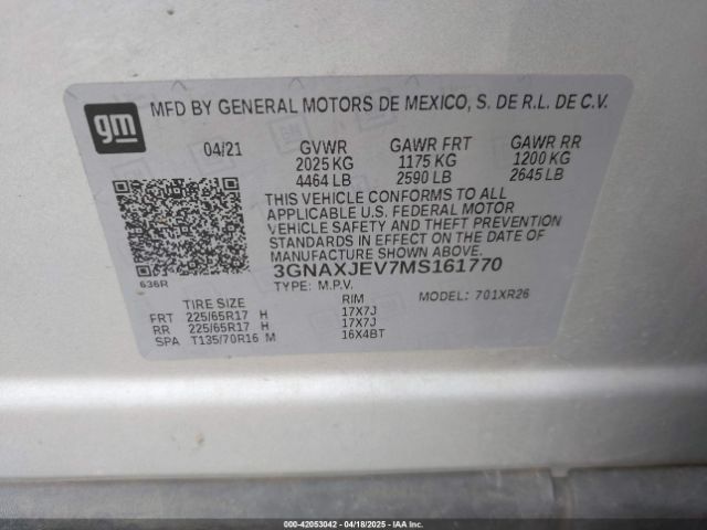 3GNAXJEV7MS161770 Chevrolet Equinox Fwd 2fl
