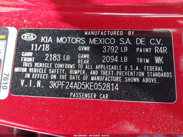 3KPF24AD5KE052814 KIA Forte Lxs