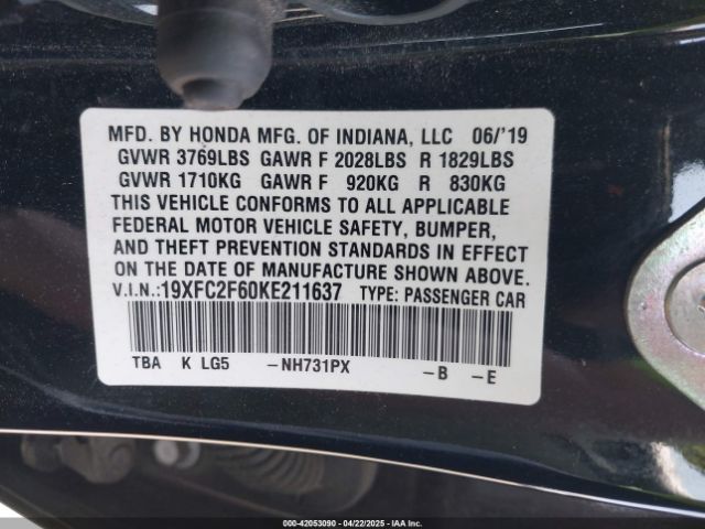 19XFC2F60KE211637 Honda Civic Lx