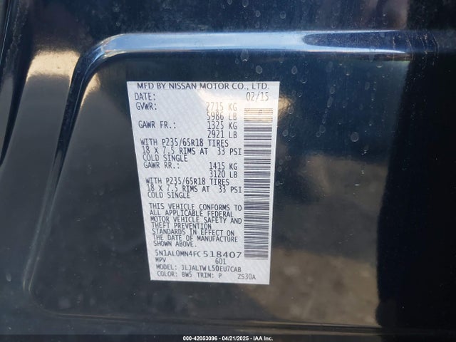 Infiniti QX60 2015 5N1AL0MN4FC518407 Image 9