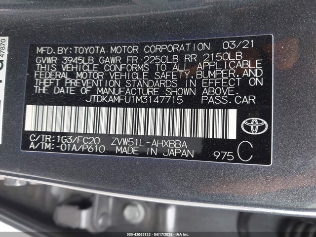 JTDKAMFU1M3147715 Toyota 2zr-fxe,1nm